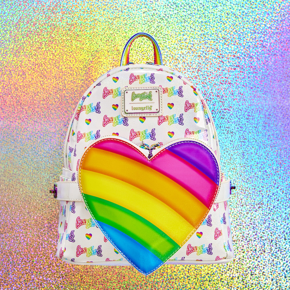 White iridescent mini backpack with rainbow Lisa Frank logos all over and a rainbow heart front pocket that detaches and becomes a waist bag